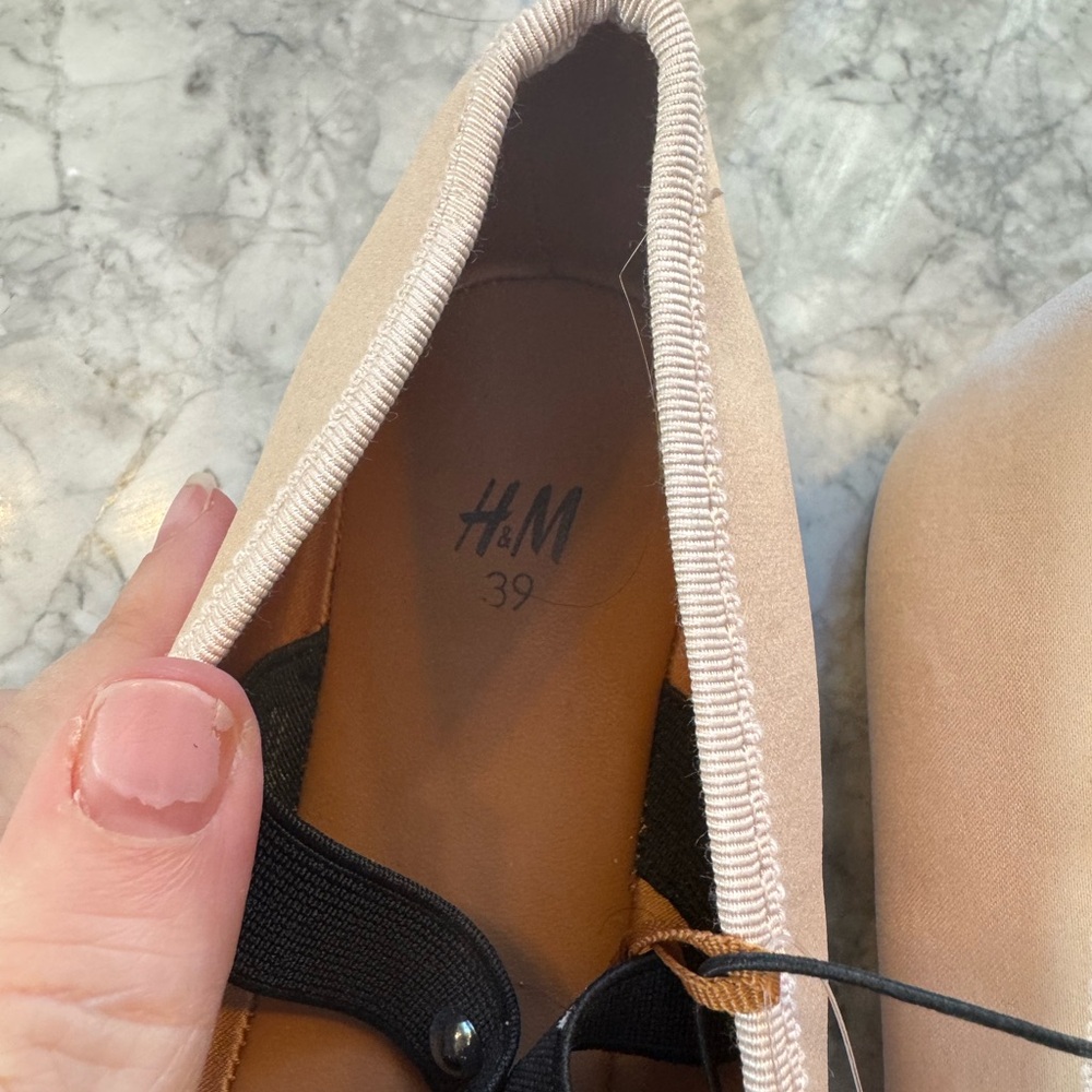 H&M Women's Blush Pink Satin Ballet Flats black pearl cross straps with Bow 39 - Picture 5 of 5